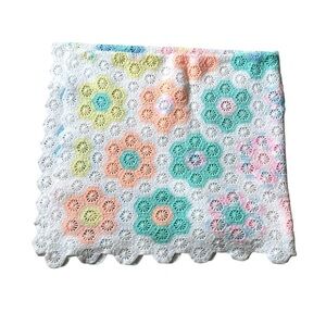 HANDMADE Crochet Knit Floral Pastel Throw Blanket White Blue Pink Yellow Green